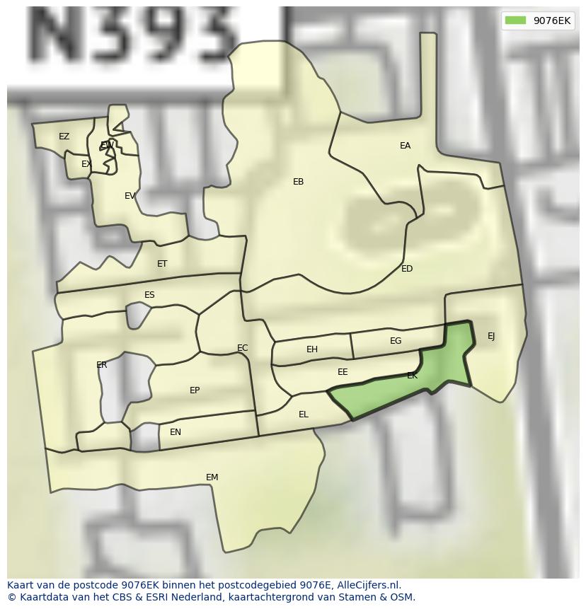 Afbeelding van het postcodegebied 9076 EK op de kaart.
