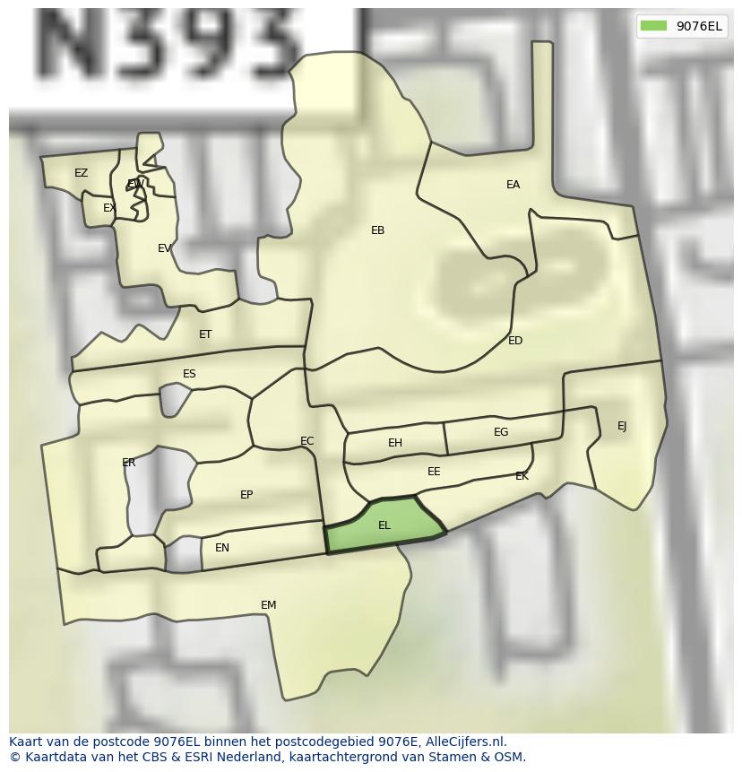 Afbeelding van het postcodegebied 9076 EL op de kaart.