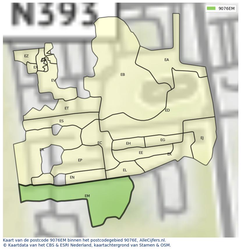 Afbeelding van het postcodegebied 9076 EM op de kaart.