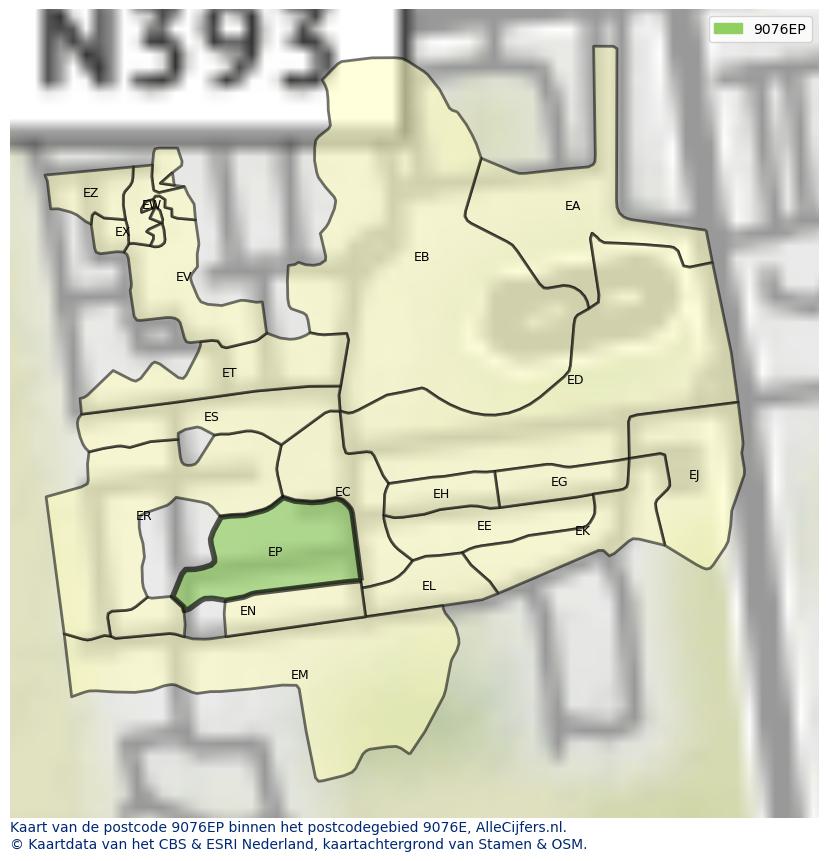 Afbeelding van het postcodegebied 9076 EP op de kaart.