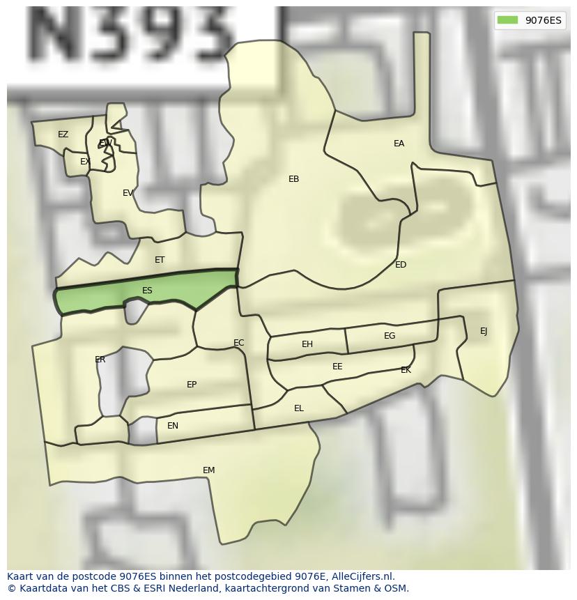 Afbeelding van het postcodegebied 9076 ES op de kaart.
