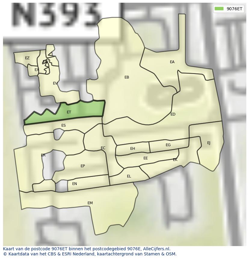 Afbeelding van het postcodegebied 9076 ET op de kaart.