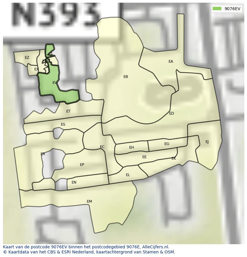 Afbeelding van het postcodegebied 9076 EV op de kaart.
