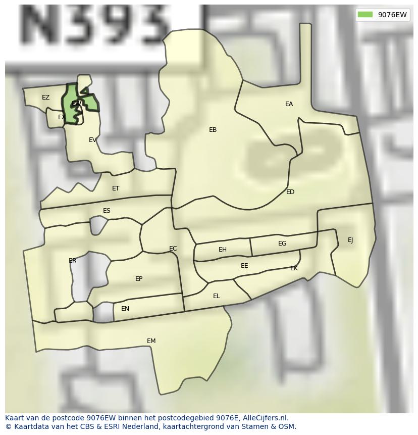 Afbeelding van het postcodegebied 9076 EW op de kaart.