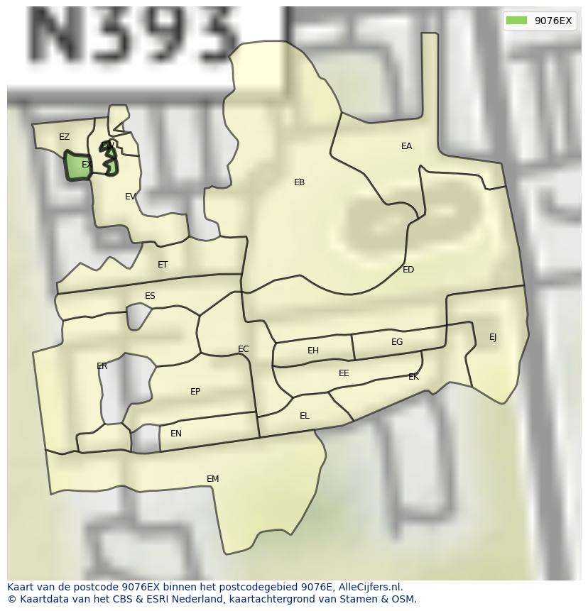 Afbeelding van het postcodegebied 9076 EX op de kaart.