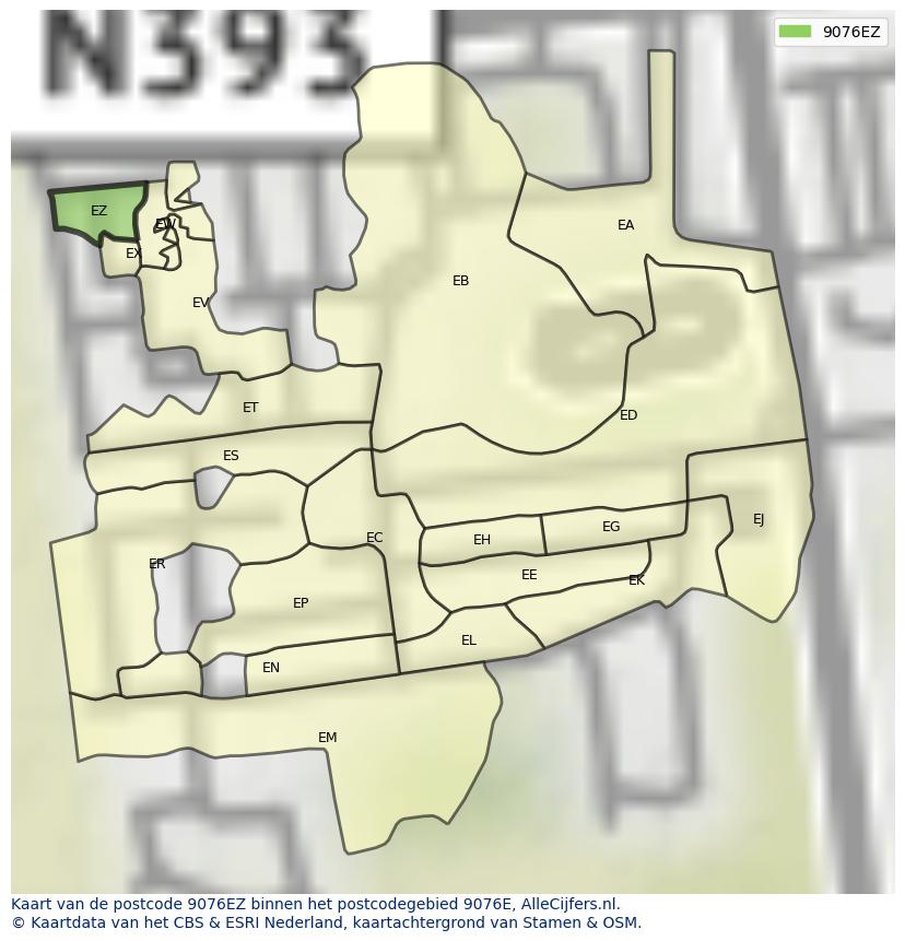 Afbeelding van het postcodegebied 9076 EZ op de kaart.