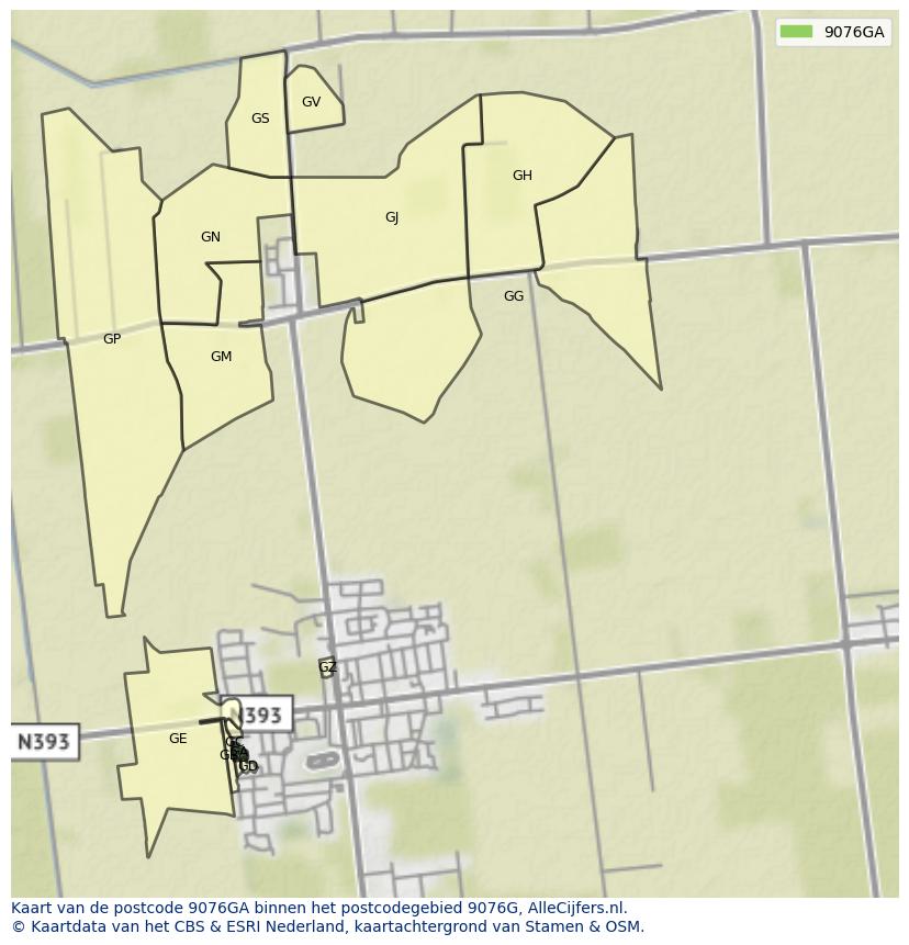 Afbeelding van het postcodegebied 9076 GA op de kaart.
