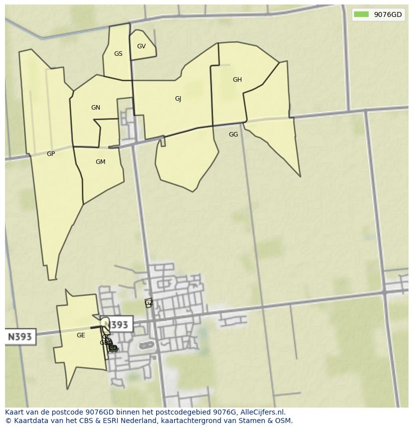 Afbeelding van het postcodegebied 9076 GD op de kaart.