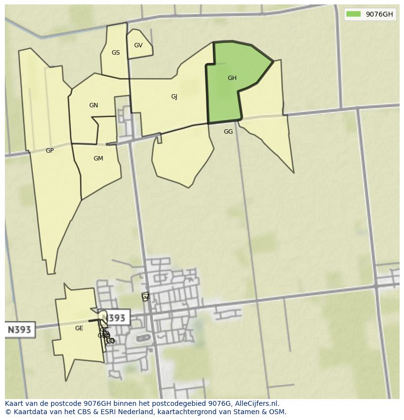 Afbeelding van het postcodegebied 9076 GH op de kaart.