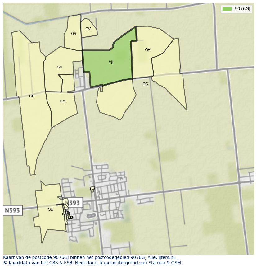 Afbeelding van het postcodegebied 9076 GJ op de kaart.