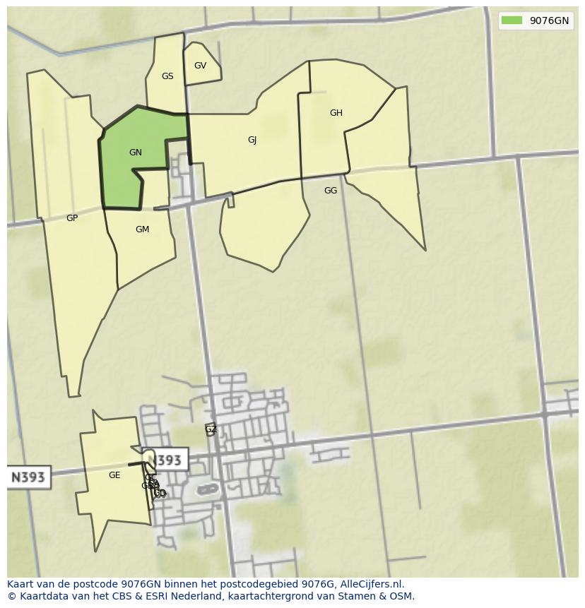 Afbeelding van het postcodegebied 9076 GN op de kaart.