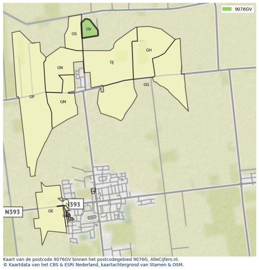 Afbeelding van het postcodegebied 9076 GV op de kaart.