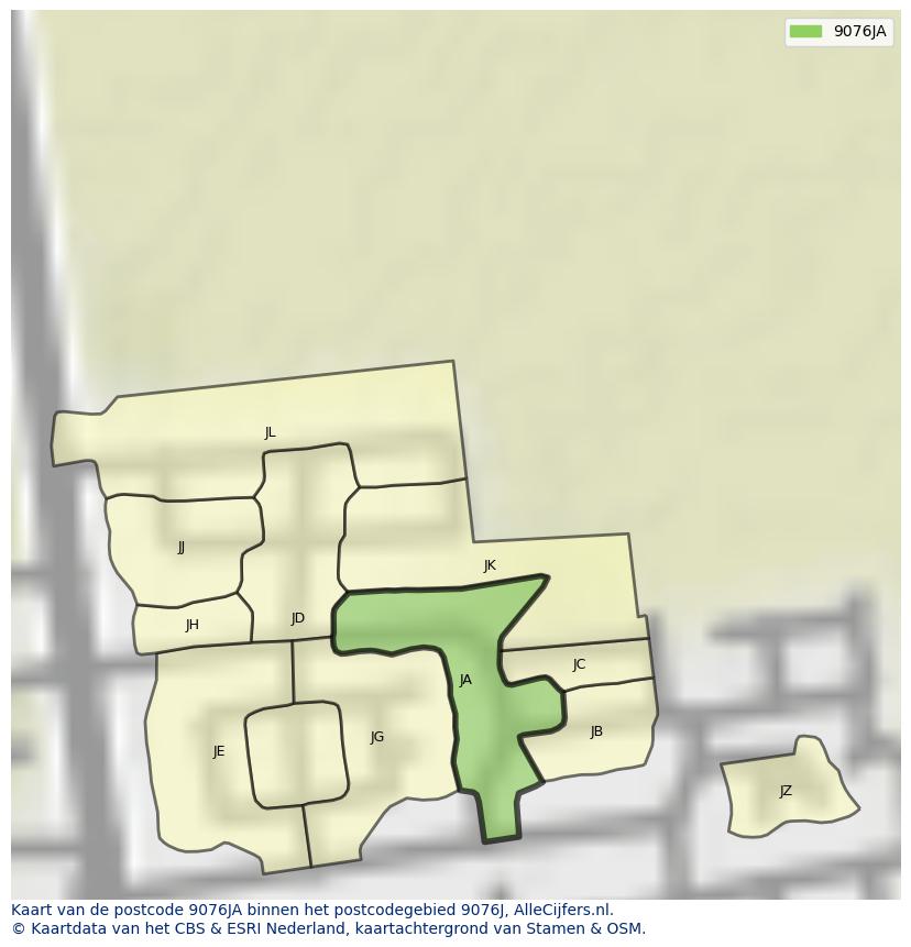 Afbeelding van het postcodegebied 9076 JA op de kaart.