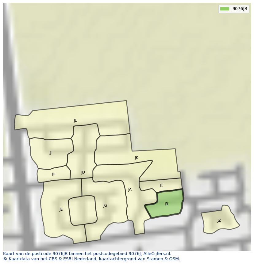 Afbeelding van het postcodegebied 9076 JB op de kaart.