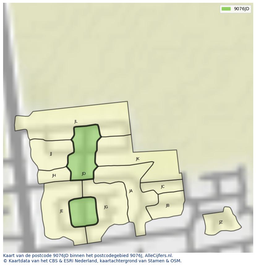 Afbeelding van het postcodegebied 9076 JD op de kaart.