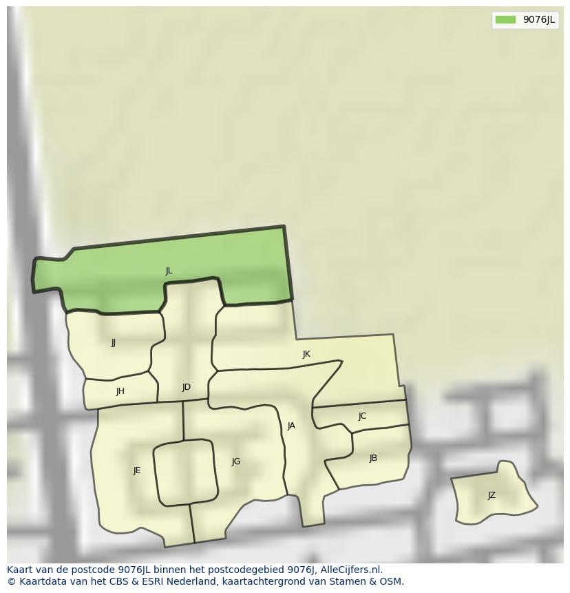 Afbeelding van het postcodegebied 9076 JL op de kaart.