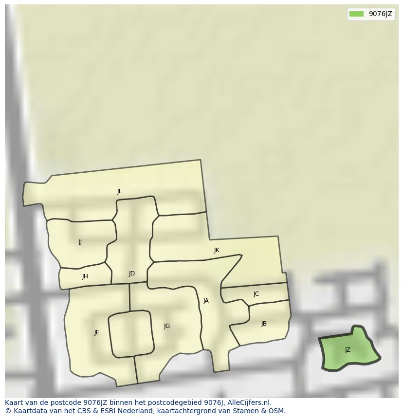 Afbeelding van het postcodegebied 9076 JZ op de kaart.