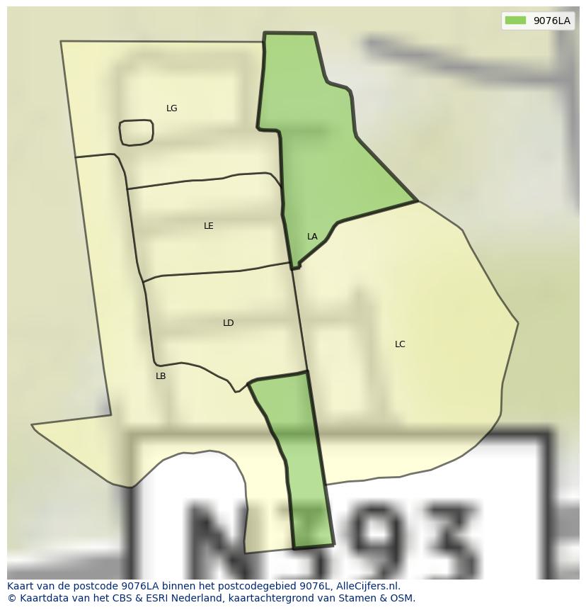 Afbeelding van het postcodegebied 9076 LA op de kaart.