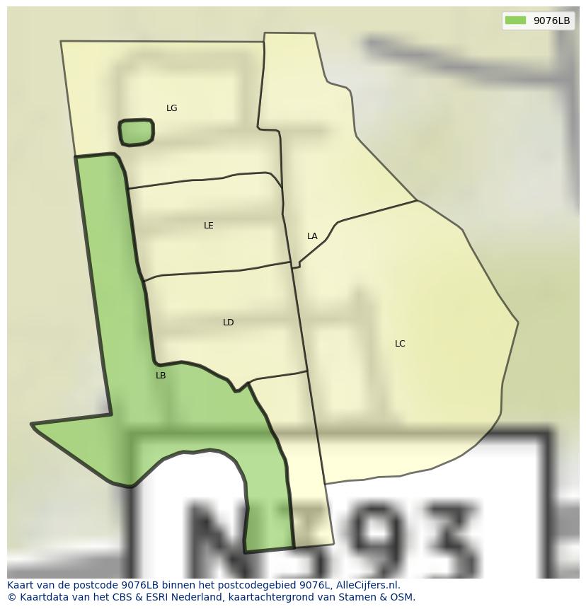 Afbeelding van het postcodegebied 9076 LB op de kaart.