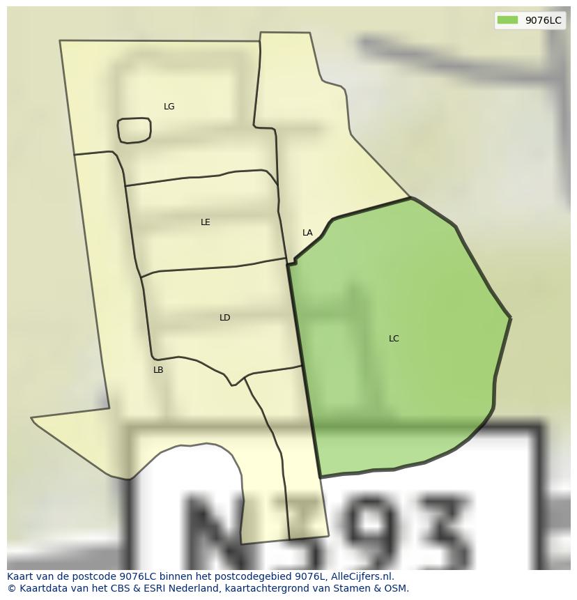 Afbeelding van het postcodegebied 9076 LC op de kaart.