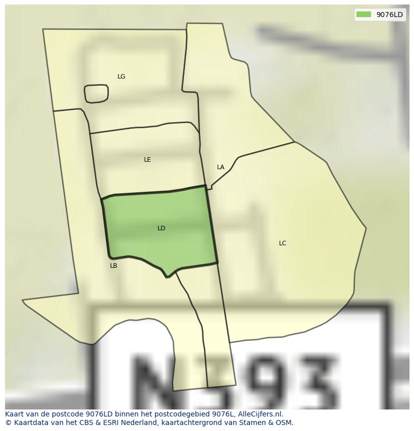 Afbeelding van het postcodegebied 9076 LD op de kaart.