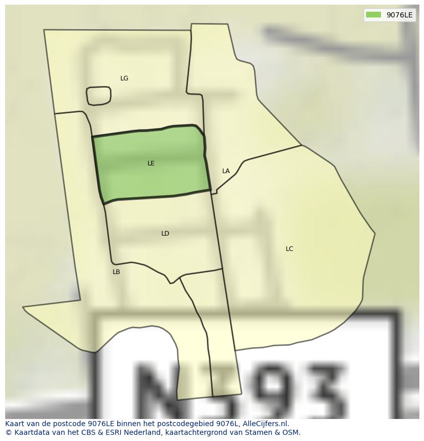 Afbeelding van het postcodegebied 9076 LE op de kaart.