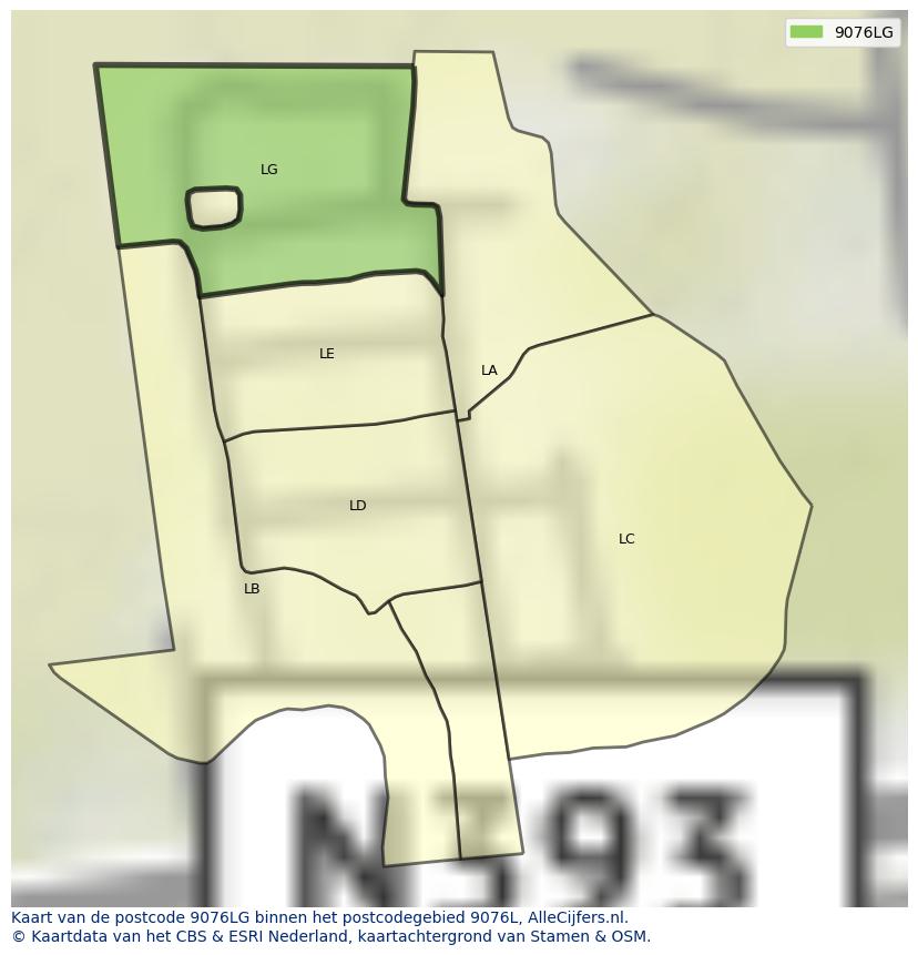 Afbeelding van het postcodegebied 9076 LG op de kaart.