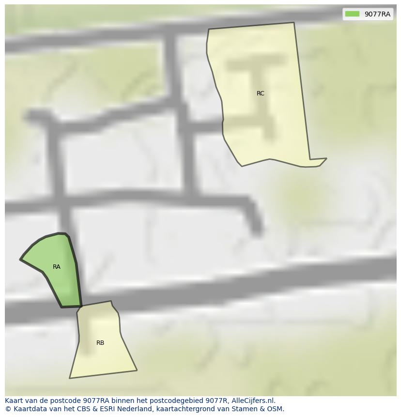 Afbeelding van het postcodegebied 9077 RA op de kaart.