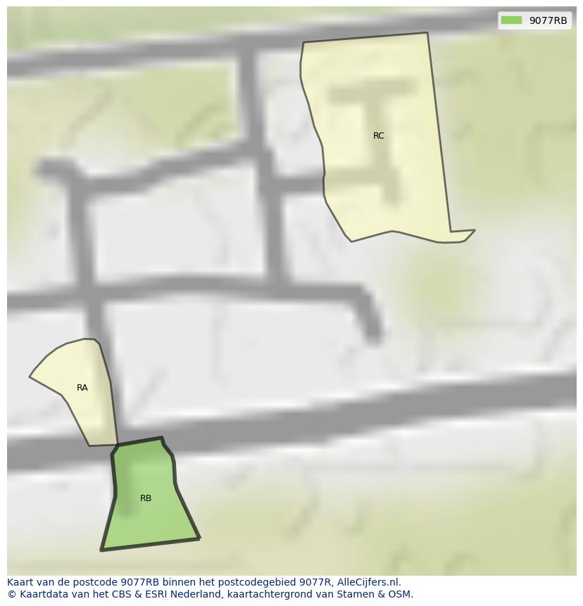 Afbeelding van het postcodegebied 9077 RB op de kaart.