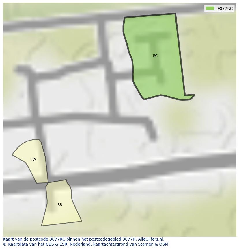 Afbeelding van het postcodegebied 9077 RC op de kaart.