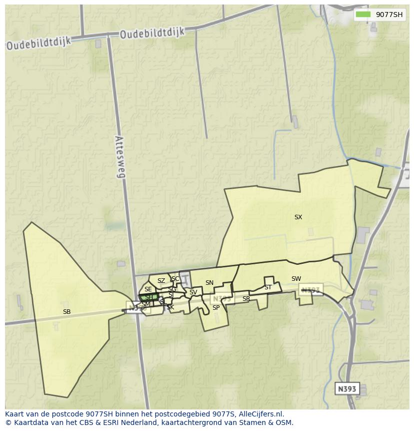 Afbeelding van het postcodegebied 9077 SH op de kaart.