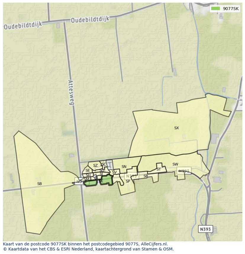 Afbeelding van het postcodegebied 9077 SK op de kaart.