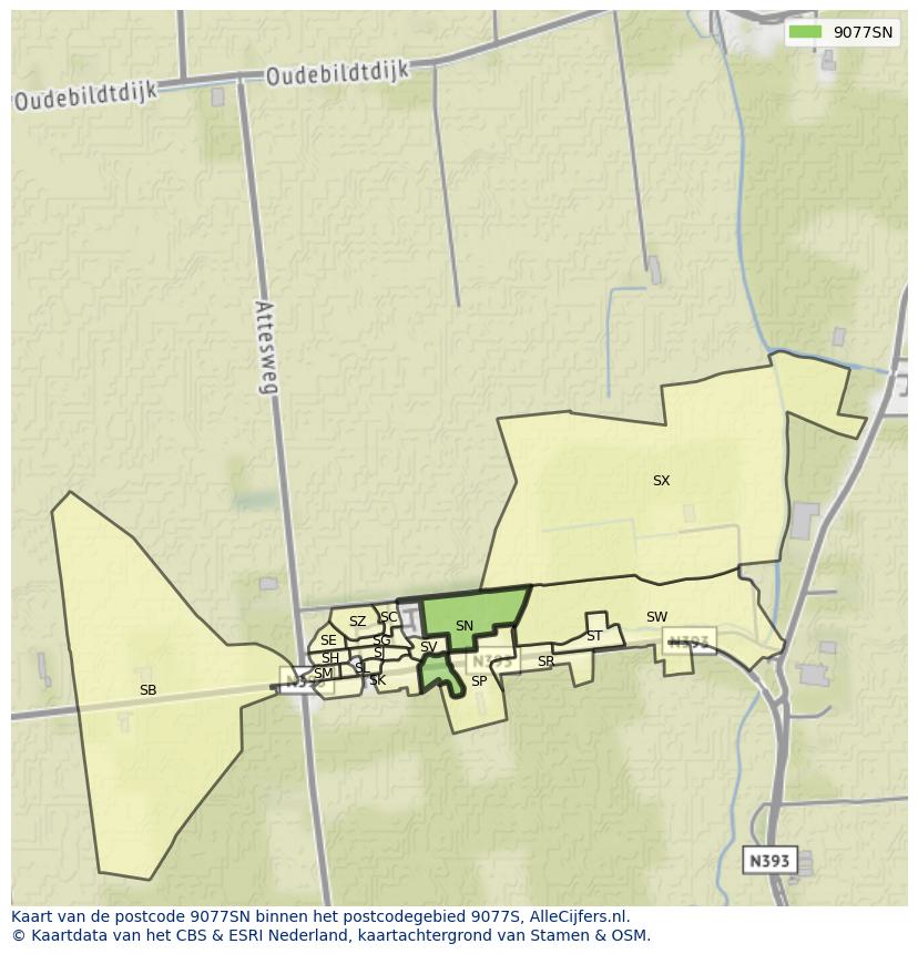 Afbeelding van het postcodegebied 9077 SN op de kaart.