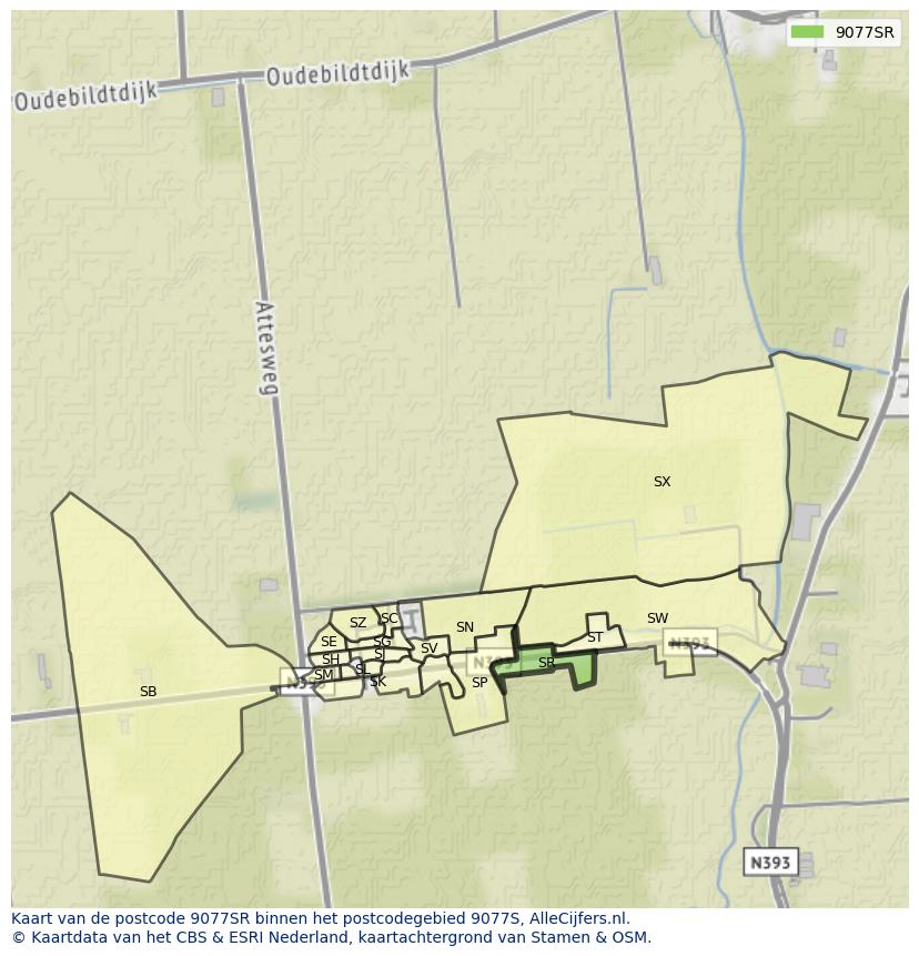 Afbeelding van het postcodegebied 9077 SR op de kaart.