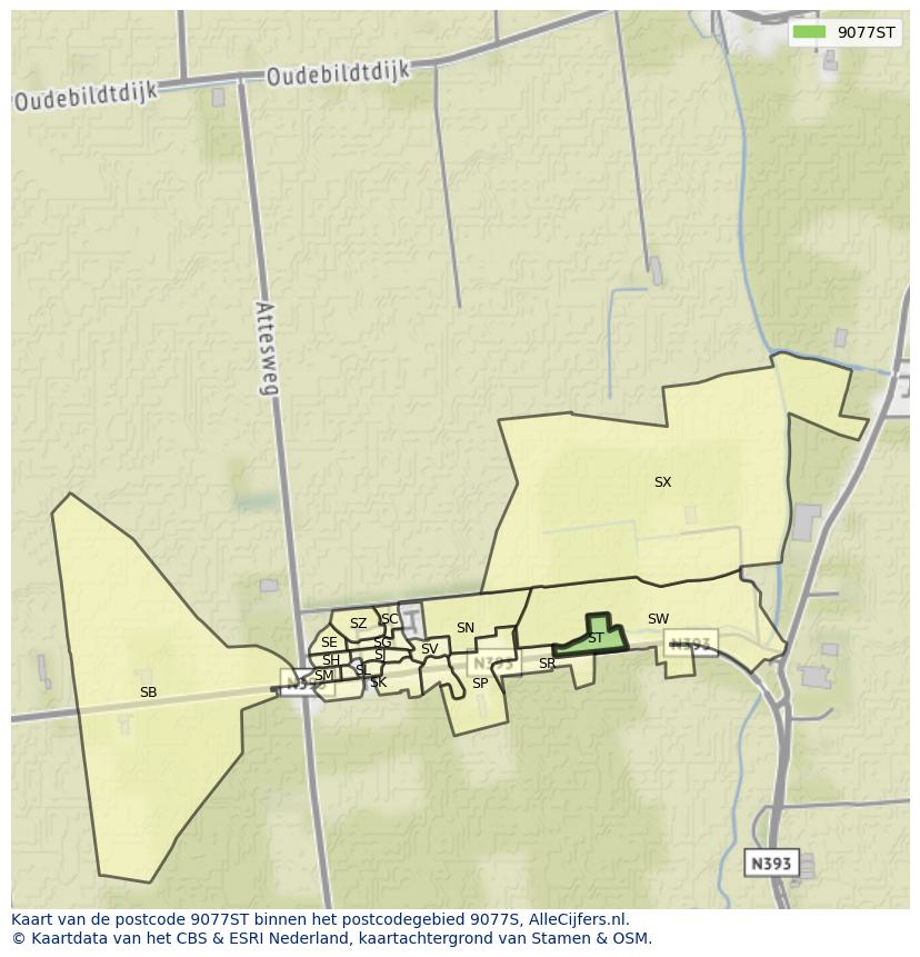 Afbeelding van het postcodegebied 9077 ST op de kaart.