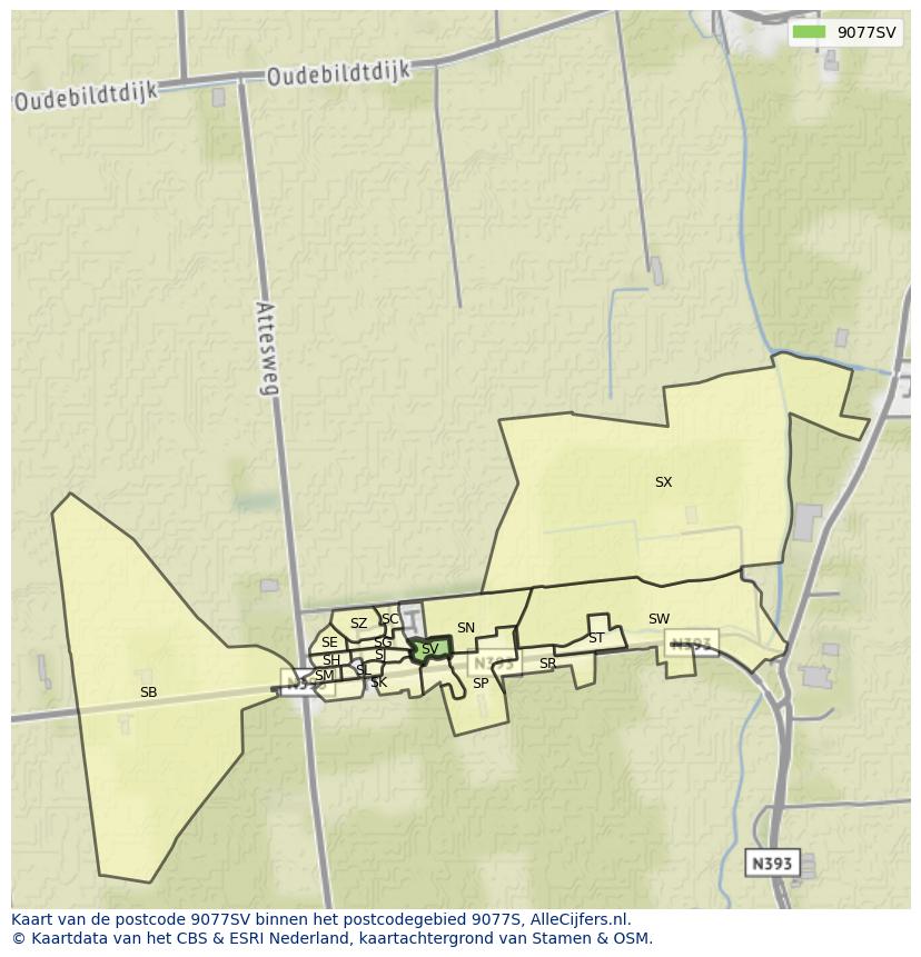 Afbeelding van het postcodegebied 9077 SV op de kaart.