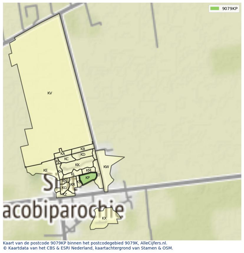 Afbeelding van het postcodegebied 9079 KP op de kaart.