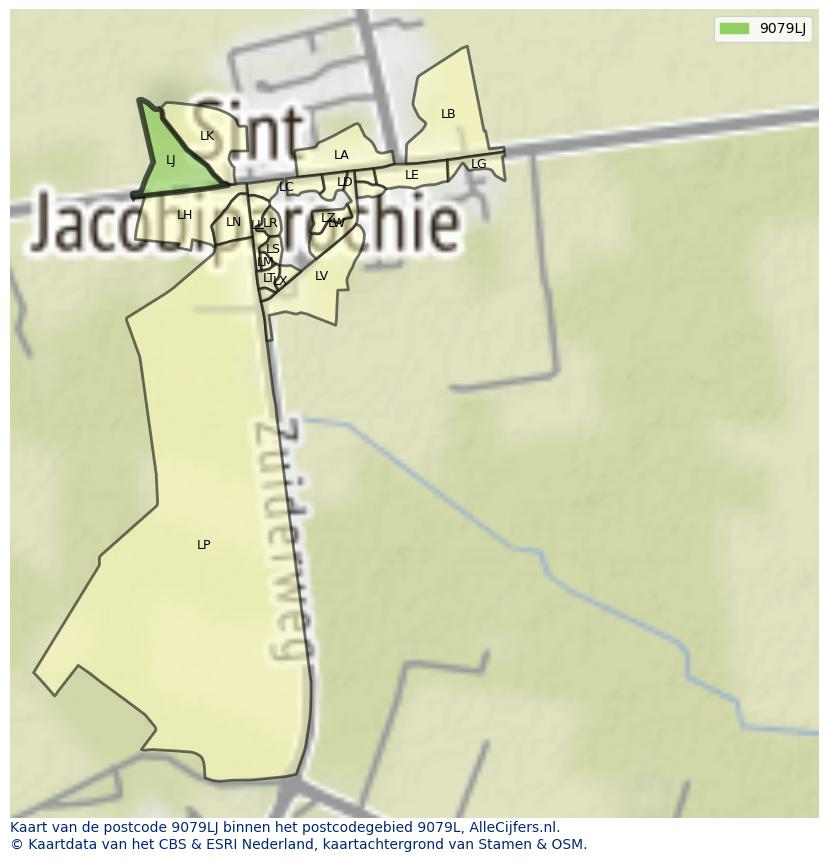Afbeelding van het postcodegebied 9079 LJ op de kaart.