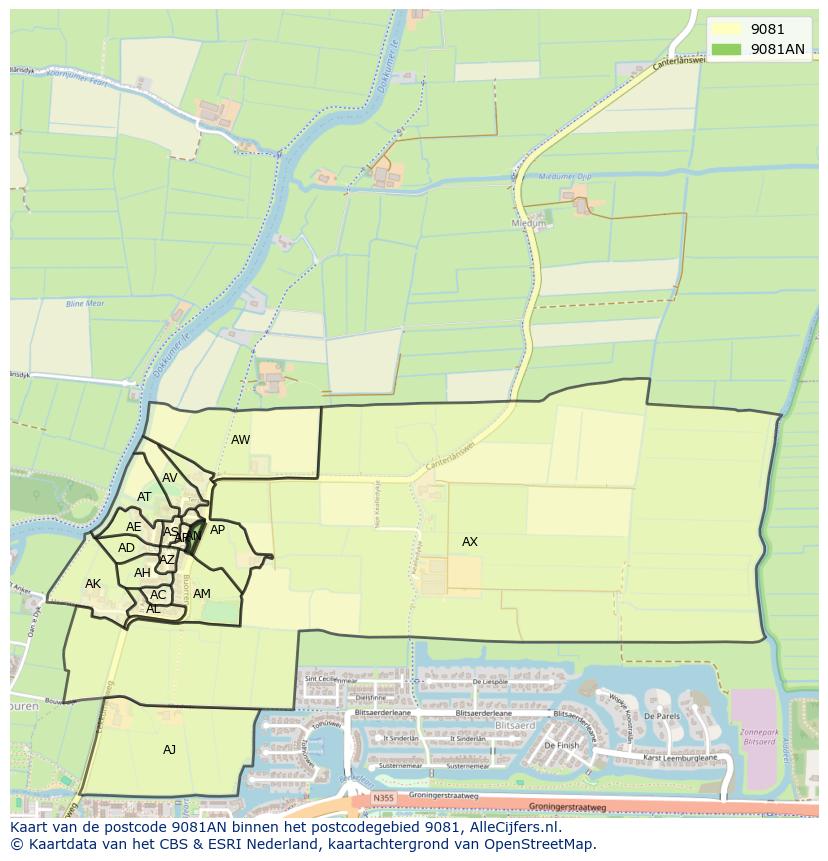 Afbeelding van het postcodegebied 9081 AN op de kaart.