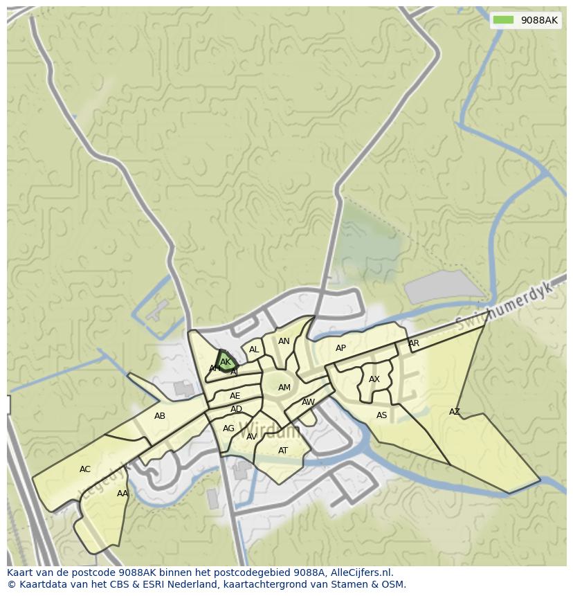 Afbeelding van het postcodegebied 9088 AK op de kaart.