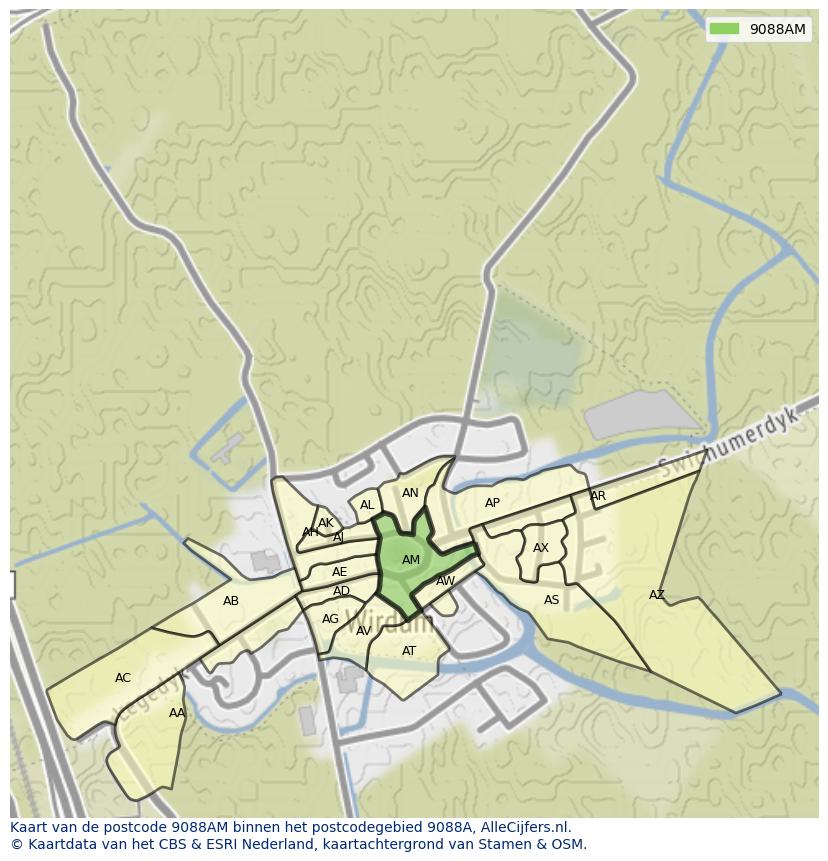Afbeelding van het postcodegebied 9088 AM op de kaart.