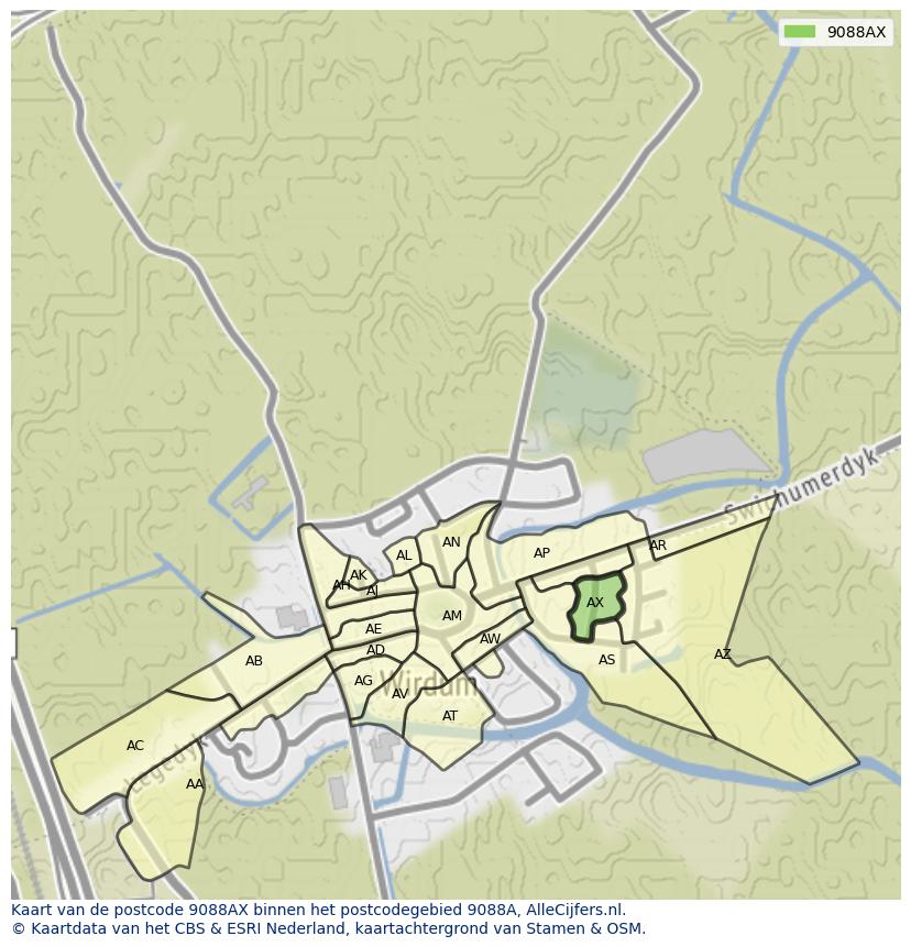 Afbeelding van het postcodegebied 9088 AX op de kaart.