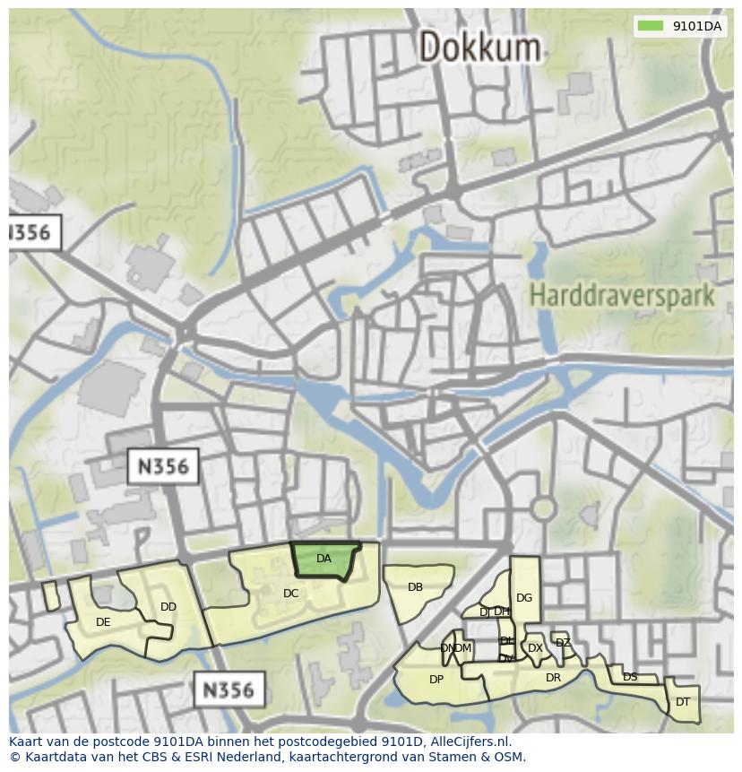 Afbeelding van het postcodegebied 9101 DA op de kaart.
