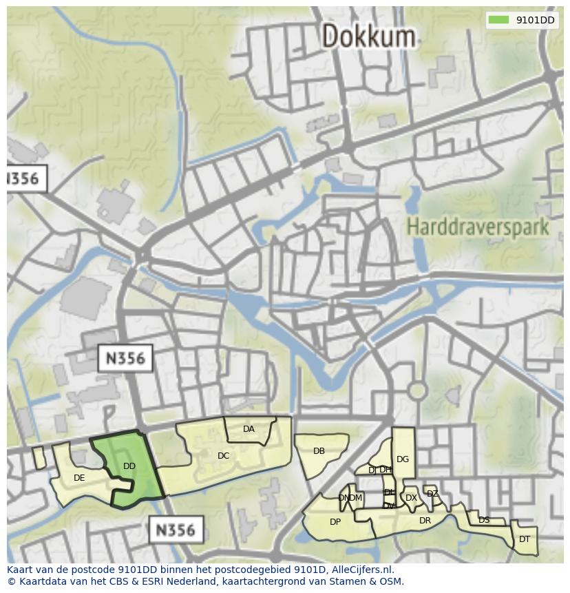 Afbeelding van het postcodegebied 9101 DD op de kaart.
