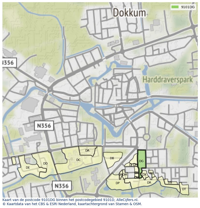 Afbeelding van het postcodegebied 9101 DG op de kaart.