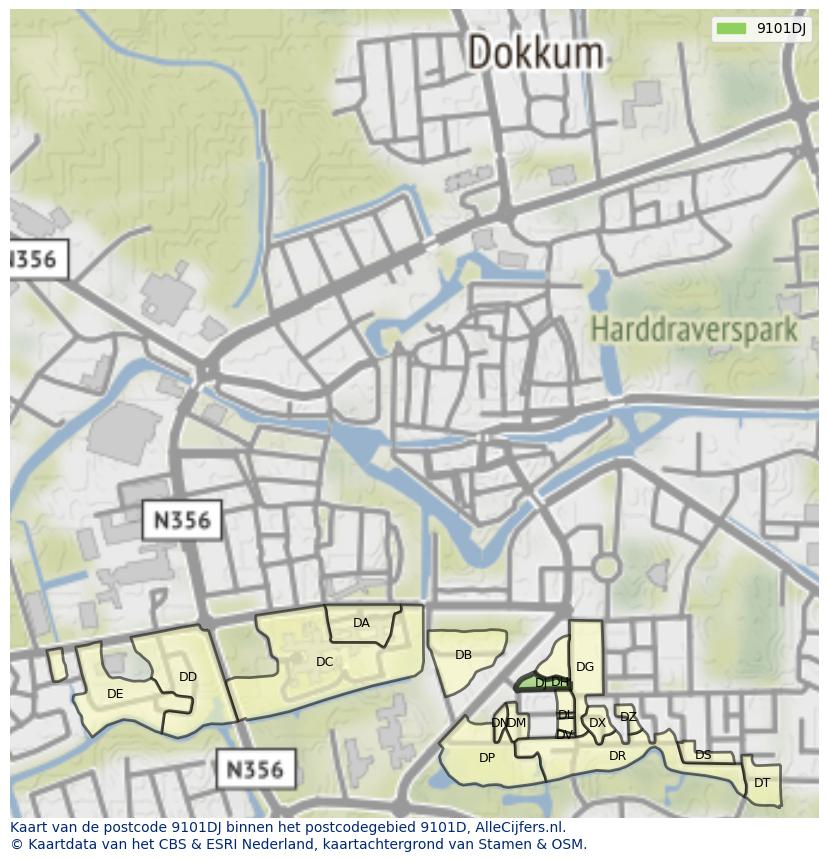 Afbeelding van het postcodegebied 9101 DJ op de kaart.