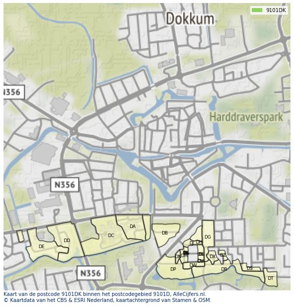 Afbeelding van het postcodegebied 9101 DK op de kaart.