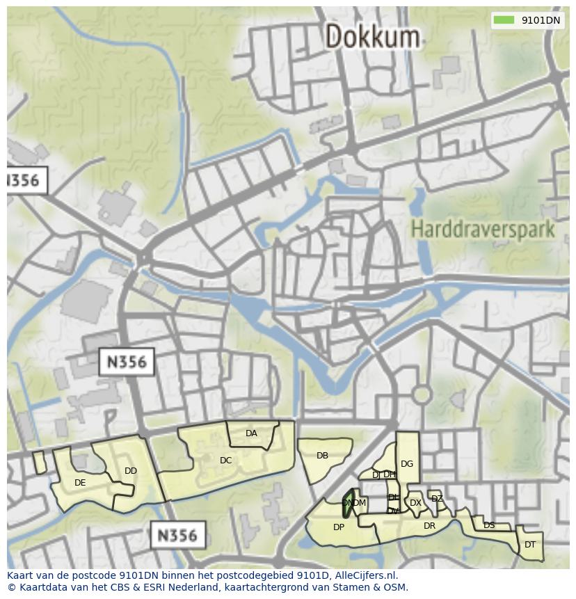 Afbeelding van het postcodegebied 9101 DN op de kaart.