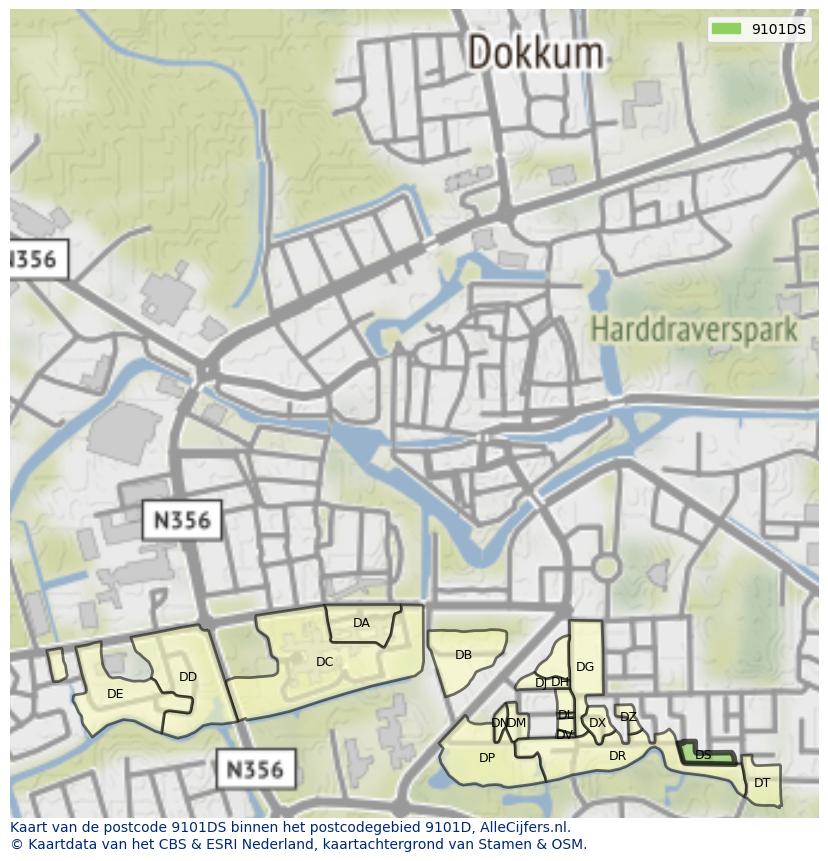 Afbeelding van het postcodegebied 9101 DS op de kaart.
