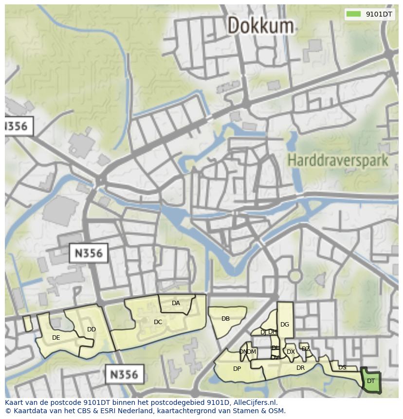Afbeelding van het postcodegebied 9101 DT op de kaart.